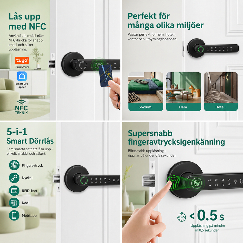 Smarta dörrlås med fingeravtryck, fjärrstyrning via app, upplåsning med lösenord, IC-kort och traditionell nyckel.
