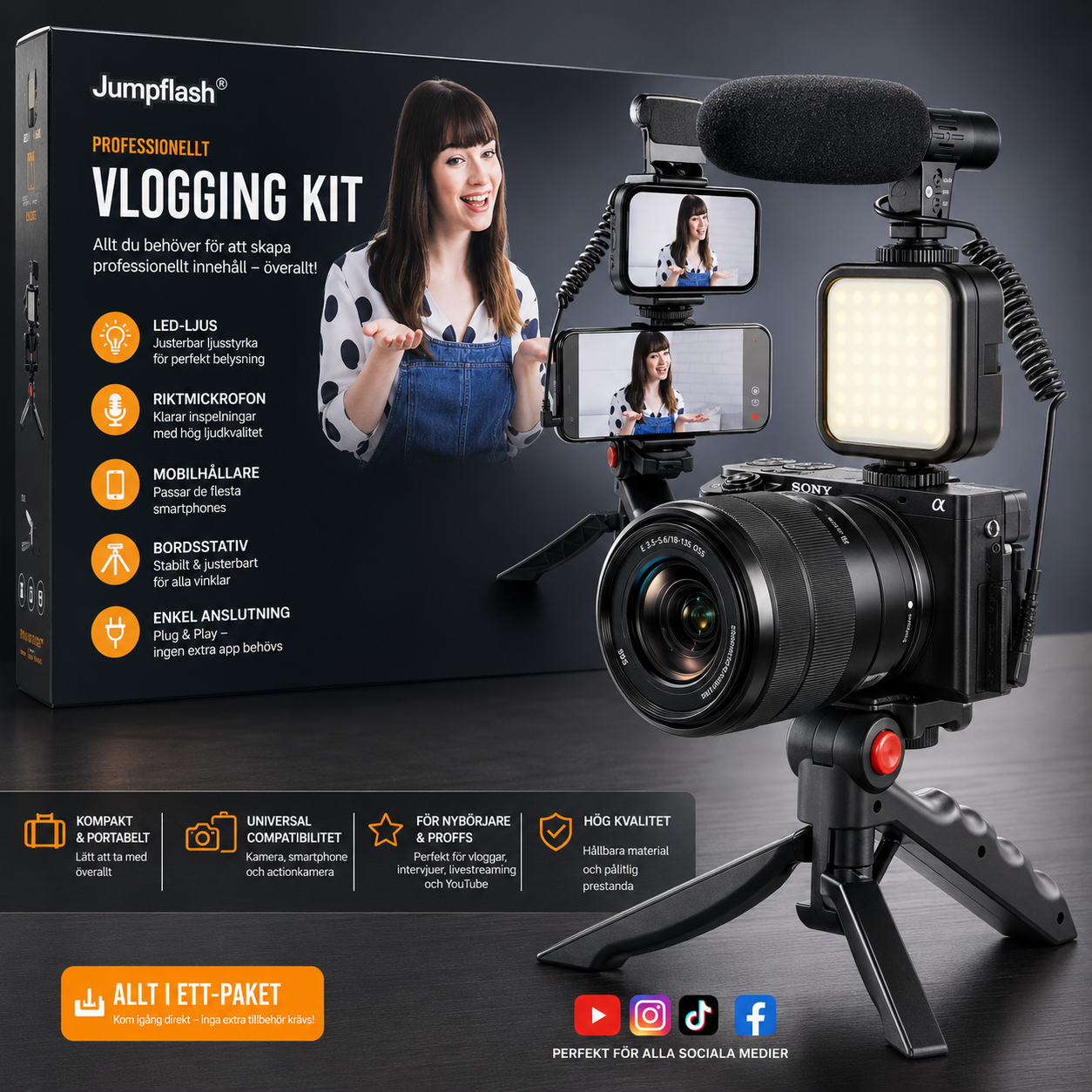 Kompatibel med Apple – Professionellt vlogg-stativkit för vloggning och fotografering, med smartphone-videostudio.