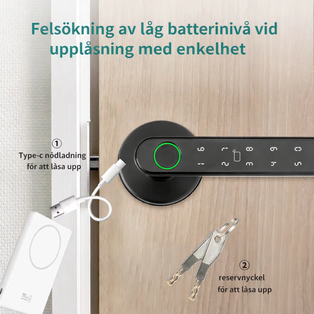 Smarta dörrlås med fingeravtryck, fjärrstyrning via app, upplåsning med lösenord, IC-kort och traditionell nyckel.