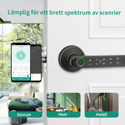 Smarta dörrlås med fingeravtryck, fjärrstyrning via app, upplåsning med lösenord, IC-kort och traditionell nyckel.