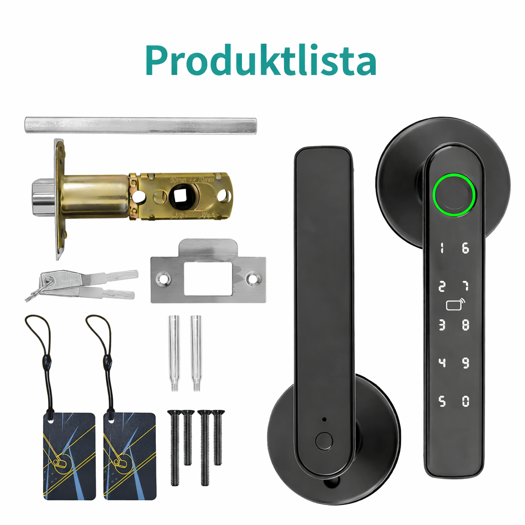 Smarta dörrlås med fingeravtryck, fjärrstyrning via app, upplåsning med lösenord, IC-kort och traditionell nyckel.