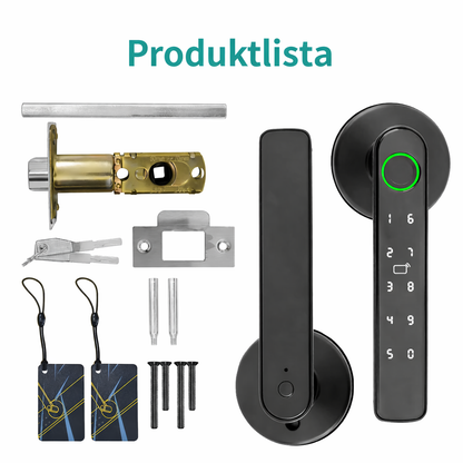 Smarta dörrlås med fingeravtryck, fjärrstyrning via app, upplåsning med lösenord, IC-kort och traditionell nyckel.